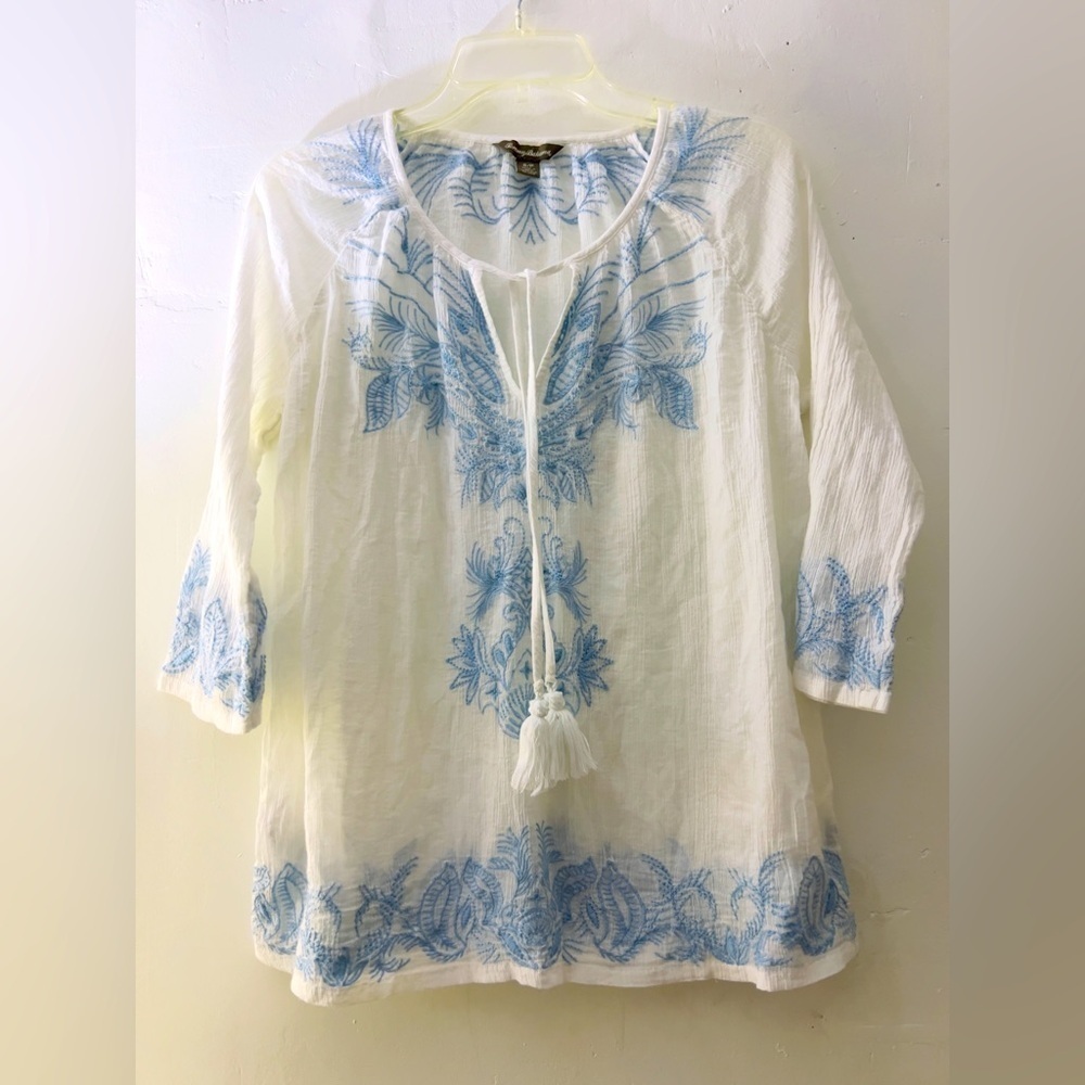 Tommy Bahama Boho Tassels V Neck Blue White Small/Petite Tunic Top like new